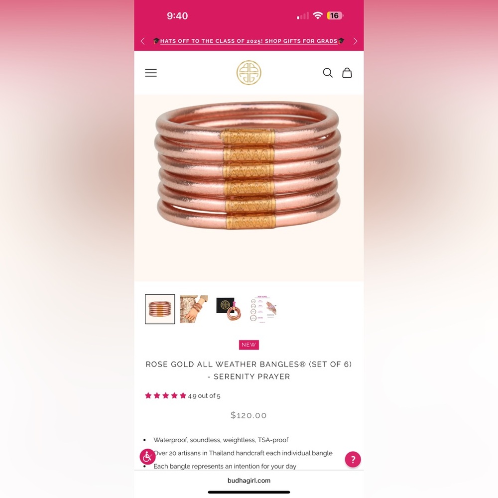 Authentic BuDhaGirl Champagne All Weather Bangles - Serenity Prayer - Set of 6